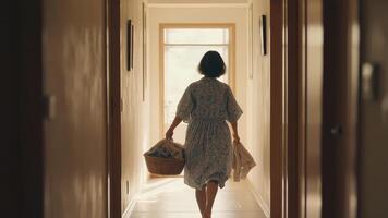 A woman navigates a sunlit hallway, her form silhouetted as she carries laundry and a sense of purpose. This image conveys a narrative of home life, daily routines. photo