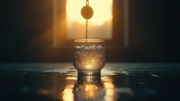 The moment captured a transparent glass, filled with effervescent liquid, is being filled with a mysterious liquid in the warm light. photo