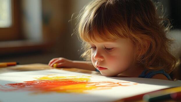 A young girl absorbed in the vibrant world of art, creating colorful strokes on a large sheet of paper, captured with a soft focus, celebrating the beauty of childhood and imagination. photo