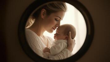 A loving mother cradles her newborn baby in a gentle embrace, captured through a circular frame, a heartwarming scene radiating warmth and maternal affection. photo