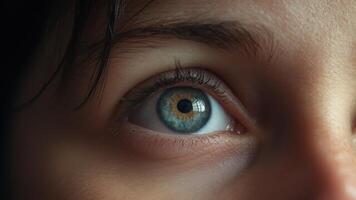 A mesmerizing close-up of a human eye, revealing intricate details and a spectrum of colors. photo