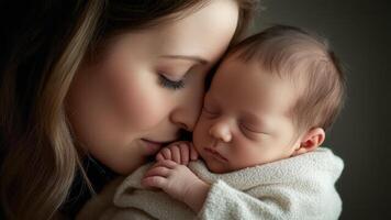 A tender moment captured, showcasing a loving mother cradling her newborn baby. This heartwarming scene evokes feelings of love, protection, and the beginning of a new life. photo