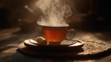A warm and inviting scene of a cup of freshly brewed tea, emitting a fragrant steam, sitting on a table, accompanied by a biscuit photo