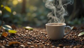 Warm Coffee Cup on Pebbles in Sunlit Forest photo
