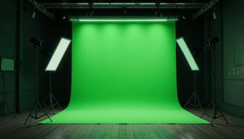 Professional Green Screen Studio Setup with Lighting photo