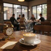 A coffee cup with steam coming out of it sitting on a table photo