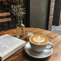 A cup of coffee sits on a table next to a book photo