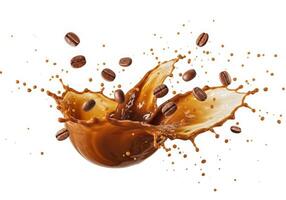 Coffee beans and chocolate splash on white background photo