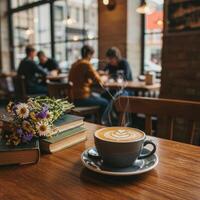 Coffee and books on a table in a cafe photo