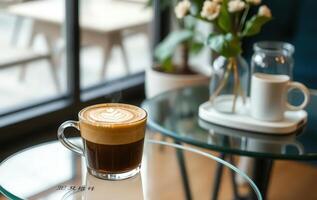 A cup of coffee sits on a glass table photo