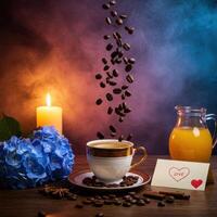 Coffee beans, flowers and a cup of coffee on a table with a heart card and a photo