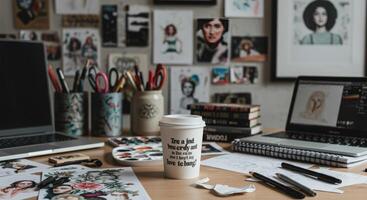 A desk with a laptop, coffee cup, and other items photo