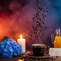 Coffee beans and a cup of coffee with a candle on a table with flowers and a note photo