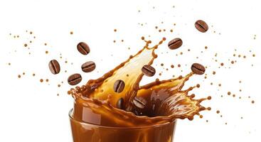 Coffee splash in glass with beans photo