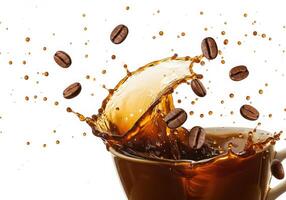 Coffee beans splashing into a cup photo
