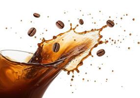 Coffee splash in glass with coffee beans photo