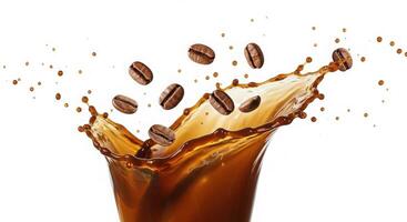Coffee splash with beans isolated on white background photo