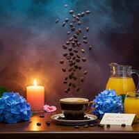 Coffee beans, coffee cup, flowers and a note on a table photo