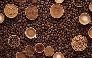 Coffee beans and coffee cups are arranged on a table photo