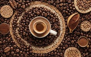 Coffee beans and cup of coffee on a wicker basket photo