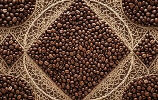 Coffee beans arranged in a circle on a brown background photo