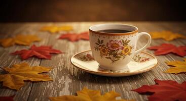 Coffee cup and saucer on wooden table with autumn leaves photo
