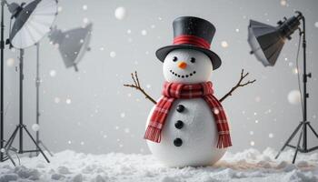 Cheerful Snowman in Snowy Studio Setting photo