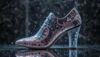 Sparkling Embellished High-Heeled Shoe on Glossy Surface photo