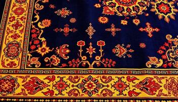Intricate Red and Gold Floral Pattern Navy Blue Rug photo