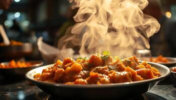 Steaming Hot Curry Dish in Dark Bowl with Warm Lighting photo