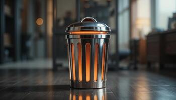 Metallic Trash Can with Warm Inner Light on Dark Wooden Floor photo