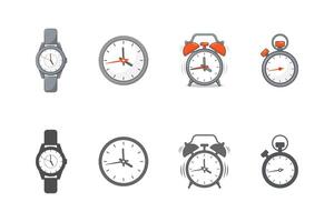 Set of clocks icons in various styles and sizes for time management concepts and clock face designs on websites. vector