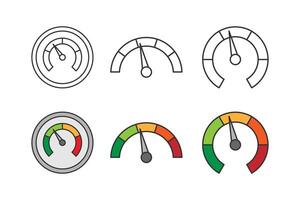 Six speedometer icons in black line and colored variations vector