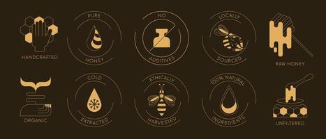 Gold quality certification icons for honey and bee products in minimalist style. illustrations for honey, wax, pollen, royal jelly, and beekeeping tools. Perfect for beekeepers, websites, branding. vector