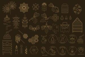Geometric honey beekeeping and certification icon set in gold outline on a dark background featuring bees honeycombs hives candles spoons honey drops nectar flowers and quality labels vector