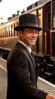 A man in a suit and hat standing next to a train photo