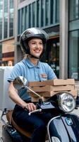 A woman on a scooter with pizza boxes photo