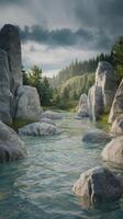 A river with rocks and trees in the background photo