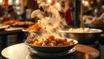 Steaming Bowl of Food at a Busy Market photo