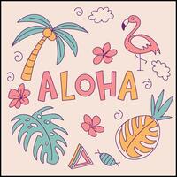 New T-Shirt Design- a colorful aloha card with flamingos, palm trees and other tropical symbols vector