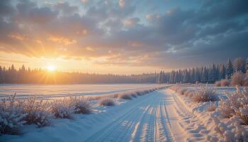 Snowy Path at Winter Sunset photo