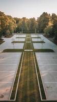An empty parking lot with trees and grass photo