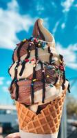 A person holding a large ice cream cone with chocolate and sprinkles photo