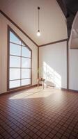 An empty room with a window and a table photo