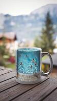 A coffee mug with a picture of a pool on it photo