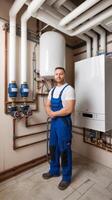 A man in overalls standing in front of a boiler photo