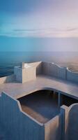 A concrete structure with a roof over it and a view of the ocean photo
