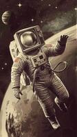 Astronaut with vintage tv head at spacewalk on planet orbit mixed media photo
