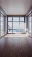Empty room with wooden floor and large windows photo