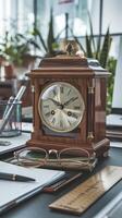 A clock sits on a desk next to a notebook and glasses photo